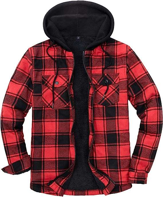 Men's Sherpa Lined Full Zip Hooded Plaid Flannel Shirt Jacket (Size S