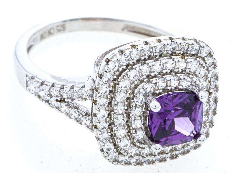 925 Sterling Silver Ring, Cushion Cut Amethyst Swarovski Element w/ Stairway Step Style Elements1