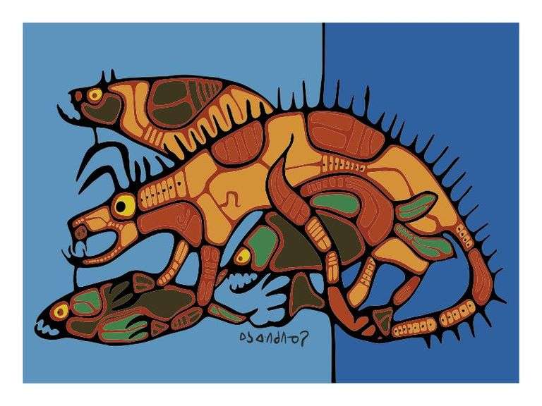 Norval Morrisseau - "Bear Spirit & Friends" Giclee Canvas 24 x 18"" - Cree Syllabic Plate Signature