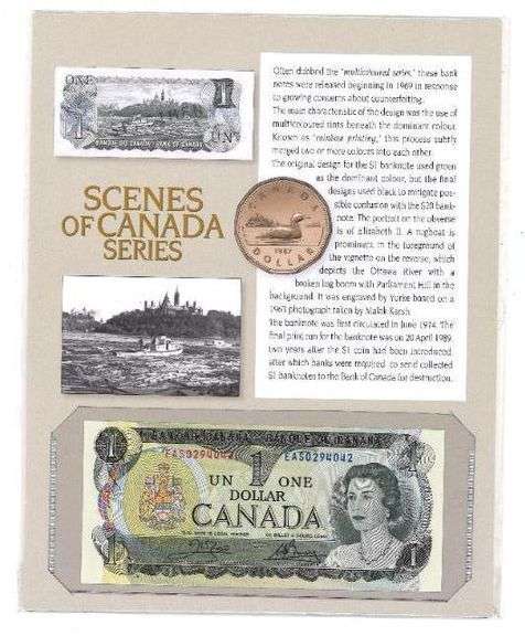 Bank of Canada 1973 One Dollar Note -Now Recalled Out of Circulation, Scenes of Canada Series, On Gi