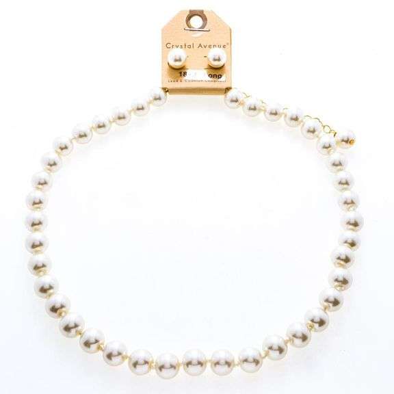 Crystal Avenue Choker Style Pearl Strand w/ Drop Pearl Earrings 18+3"