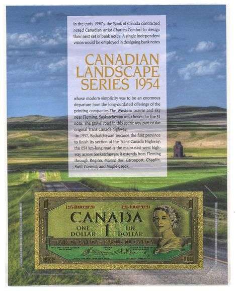 Canadian Landscape Series 1954 - 24kt Gold Foil $1 Replica Note on Giclee Art Card Display