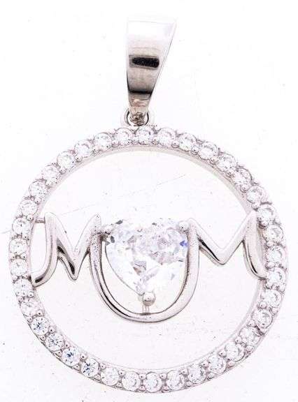 925 Sterling Silver Tound Pendant w/ Heart Cut Swarovski Element - MOM