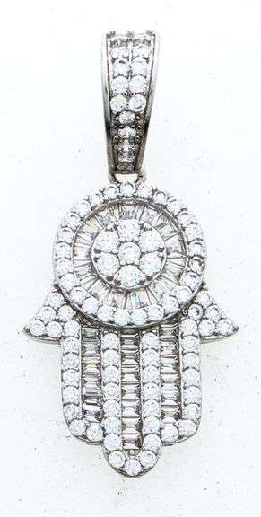 925 Sterling Silver Custom made Hand Pendant, Swarovski Set w Baguettes and RB Stones1