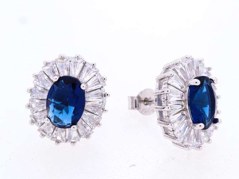 925 Sterling Silver Ballerina Style Oval Stud Back Earrings, Oval Cut Saphire Blue Swarovski Element
