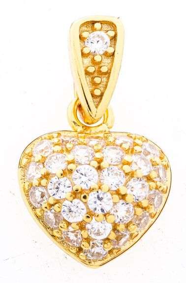 925 Sterling Silver/GP Puff Heart Pendant, Pave Set
