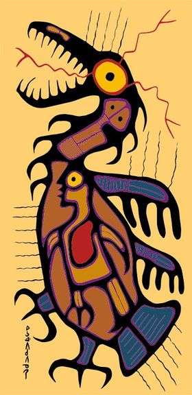 Norval Morrisseau - "Thunderbird Awakening" Giclee Canvas 17 x 38" - Cree Syllabic Plate Signature