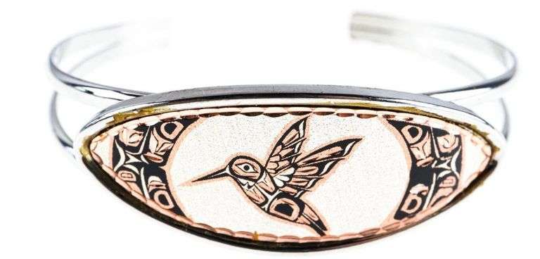 Bangle Bracelet -Diamond Cut Silverplate/Copper Artist's Design - Humming Bird Oval1