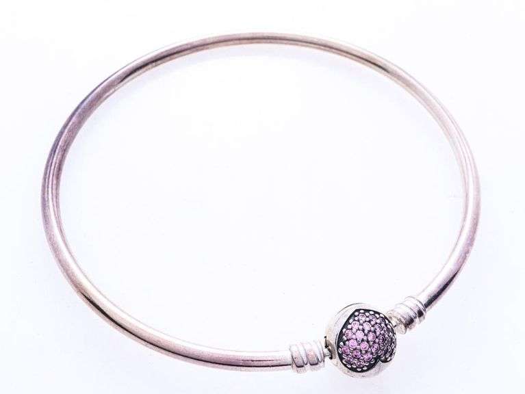PANDORA Sterling Silver Bangle Bracelet Amethyst Heart Ball