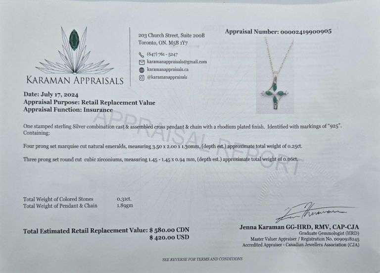 Sterling Silver Necklace and Cross Pendant with Natural Emeralds & CZ  Total Estimated Retail Replac