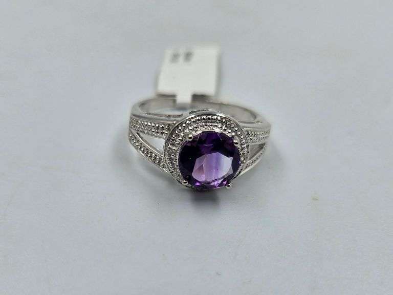 Size 7 Sterling Silver Ring with Natural Cut Amethyst & Diamonds Total Estimated Retail Replacement 