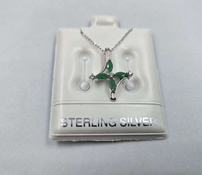 Sterling Silver Necklace and Cross Pendant with Natural Emeralds & CZ  Total Estimated Retail Replac