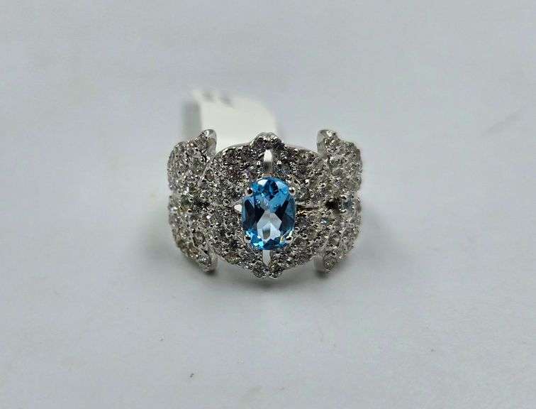 Size 6 Sterling Silver Ring with, Natural Blue Topazes & CZ  Total Estimated Retail Replacement Valu