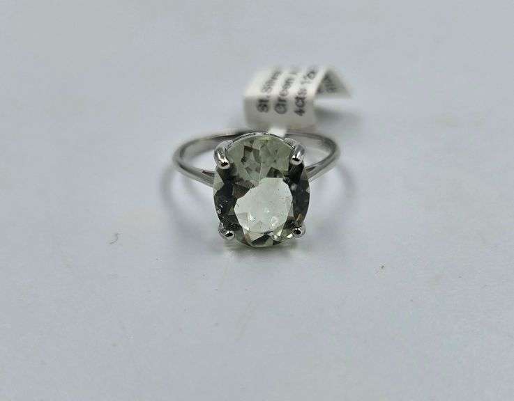 Size 8 Sterling Silver Ring with Rhodium Plated Finish Set with Natural Green Amethyst   Total Estim
