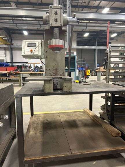Transducer  Techniques Load Cell Read Out Arbor Press on Steel Work Table 4FT X 4FT X 34"H