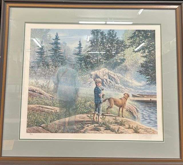 38" X 33"  "Boy and His Dog Fishing"  Art Print