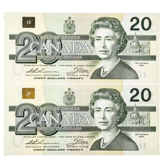 Lot 2 Bank of Canada 1991 $20 GEM UN No Serifs