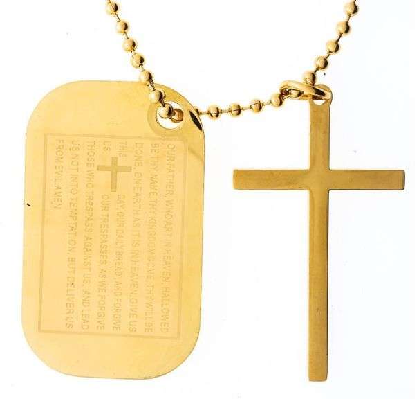 24kt G.P. Necklace, 30" Bead Style Chain & Cross Pendant + The Lords Prayer Inscription Tag