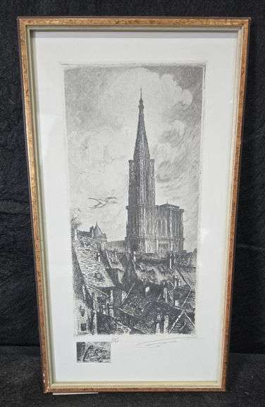 13" X 7"- Original Antique Framed Signed And Numbered 60/200 Double Etching By Famous Etching Master
