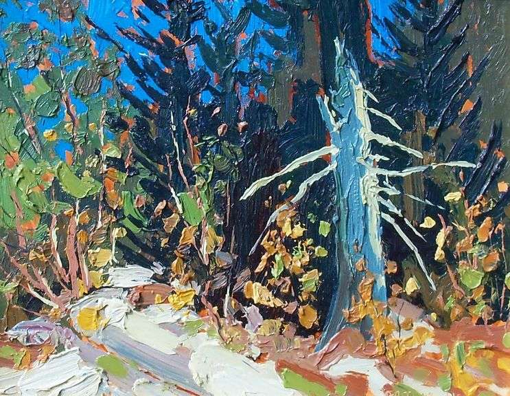 Arthur Lloy “Dead Pine on Long Lake Shore”  Oil on Masonite  8” X 10”  Signed (incised) Lower Right 