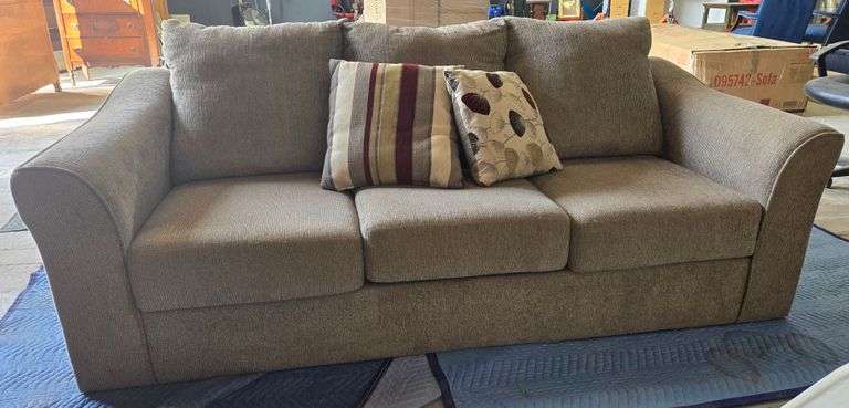 79"L  X 39.5"W- Beige Sofa w/Throw Pillows