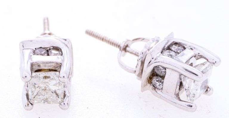 Estate 14kt White Gold Diamond Stud Earrings, 2 Princess Cut Claw Set, .95ct TW