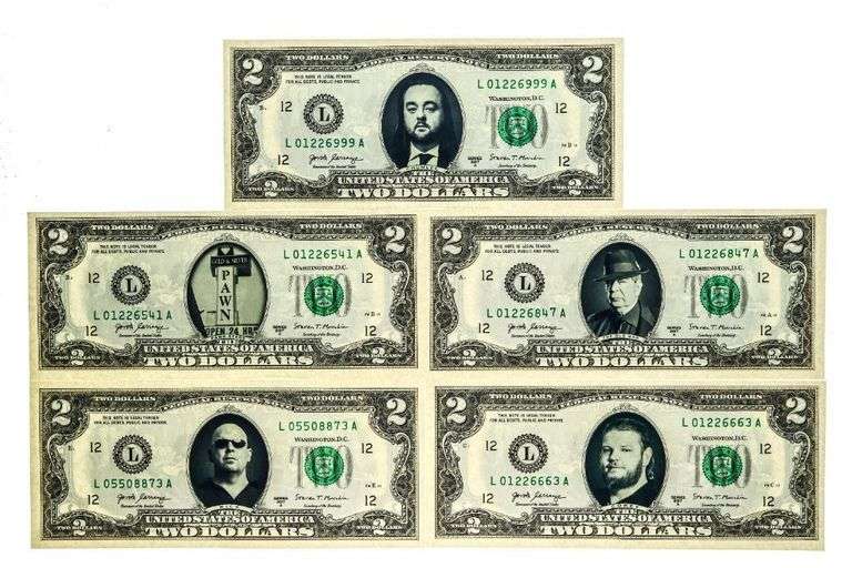 PAWN STARS - Federal Reserve $2 Note Collection - 5 Notes -Chumlee, Corey, The Old Man, Rick, Pawn S