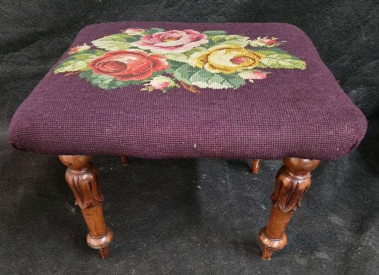 17" X 17" X  13" Vintage Cross Stitched Floral Foot Stool