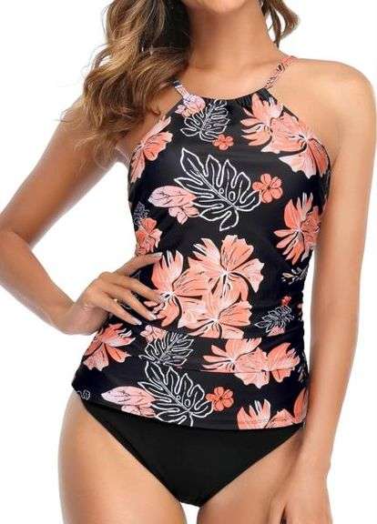 (Size Medium) Tempt Me Two Piece Tankini Swimsuit for Women High Neck Ruched Tummy Control Top with 