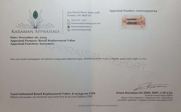 ($15,645 Appraisal) - 12.07 ct Certified Imperial Topaz Gemstone, Untreated