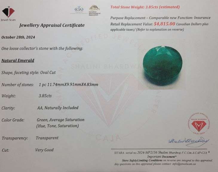 ($4,815 Appraisal) - 3.85 ct Authenticated Emerald Gemstone