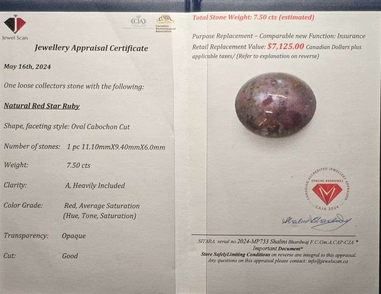 ($7,125 Appraisal) - 7.50 ct Certified Star Ruby Gemstone