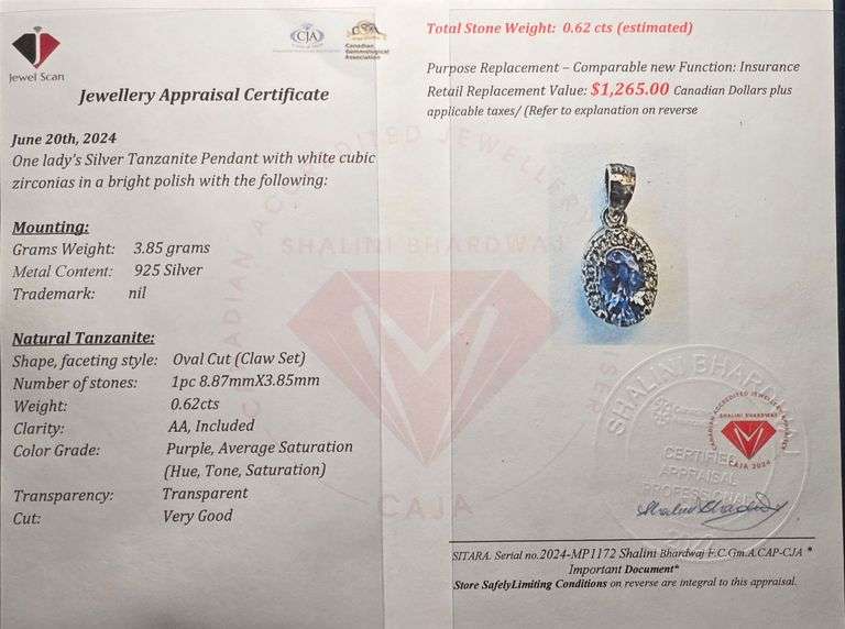 3.85 Gram Certified Silver Tanzanite Gemstone Pendant - (Appraisal - $1,265)