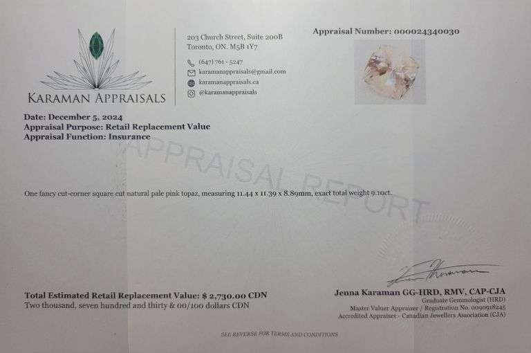 9.10ct Certified Natural Pale Pink Topaz (Appraisal - $2,730.00)