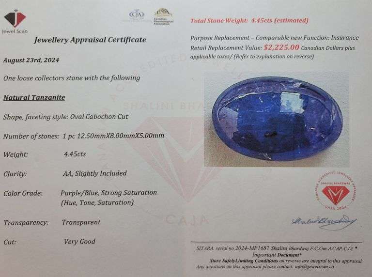 4.45 ct Certified Tanzanite Gemstone CAB - (Appraisal - $2,225)