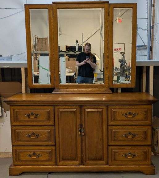 Wooden Dresser with Tri-Fold Mirror, 63"L x 18.75"W x 74.5"H