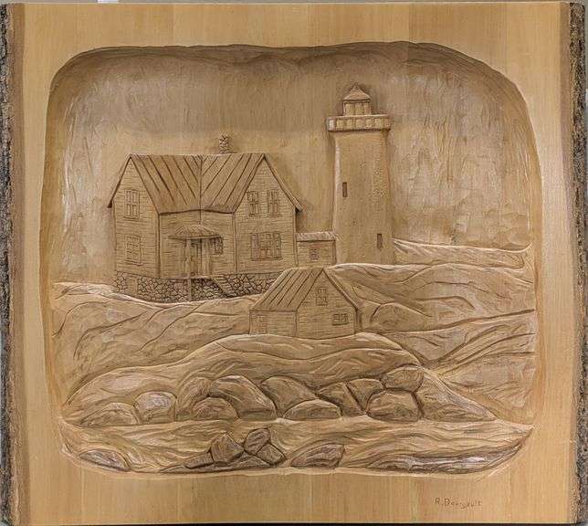 Original Hand Carved Wood Scene by Roger Bergault, 23"x 26.5"