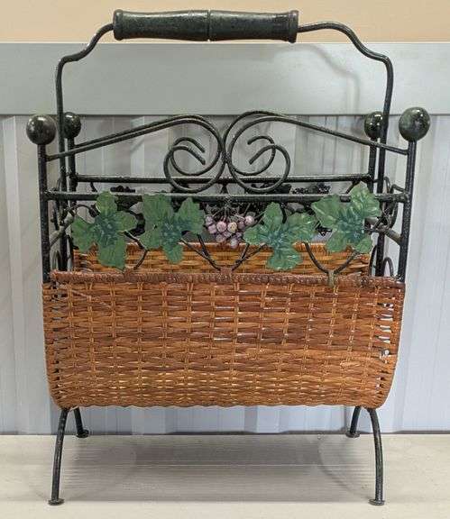 Decorative Magazine Rack with Wrought Iron and Wicker, 14"Lx8"W x 17"H