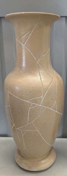 Signed Mid Century Modern Ceramic Vase with Crackle Design by Guy De Pelteau, 15"