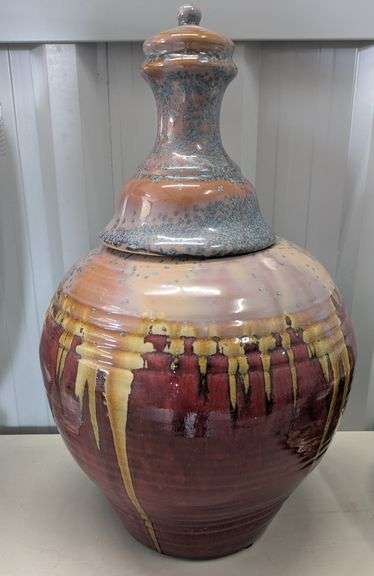 Hand-Thrown and Hand Glazed Lidded Ceramic Jar, Signed by HX, 9"x15"