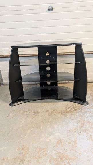 Black TV Stand with Tempered Glass Shelves, 34"L x17.75"W x32"H
