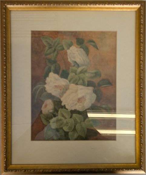 Framed Painting of White Flowers with Green Leaves, 12 x14"