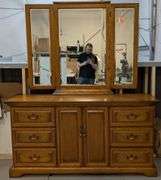 Wooden Dresser with Tri-Fold Mirror, 63"L x 18.75"W x 74.5"H