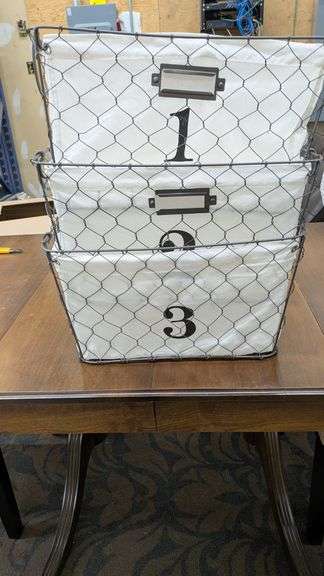 Set of Three Stackable Storage Baskets with Wire Frame and Fabric Liners