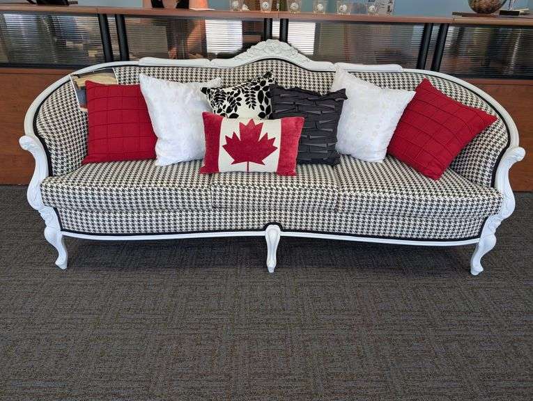 Vintage Re-Upholstered Houndstooth Sofa with Decorative Pillows