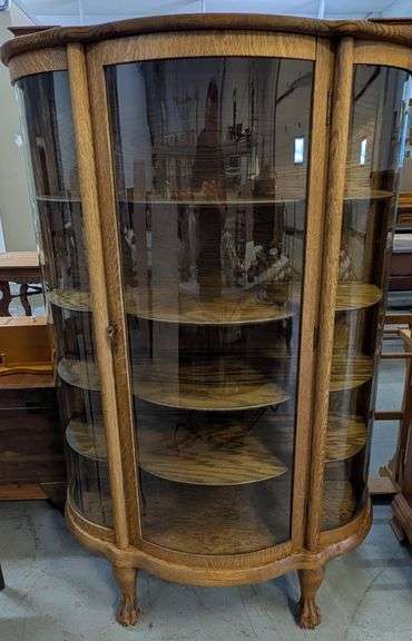 Vintage Wood Curved Glass Curio Cabinet, 41"L x 17.5"W x65.5"H