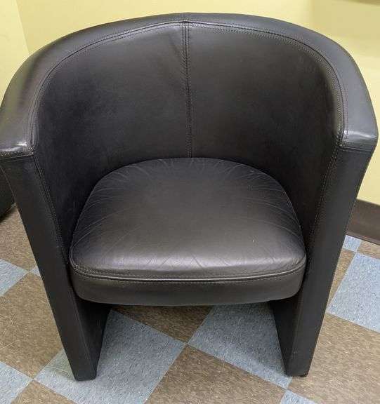 Black Leather Club Chair with Barrel-Style Backrest