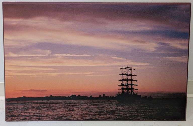 Serene Sunset Canvas Wall Art with Tall Ship and City Skyline, 30" x 21"