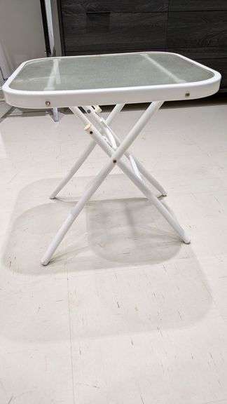 Folding Patio Table with White Metal Frame and Glass Top