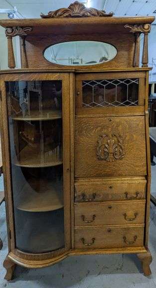 Antique Wood Curio Cabinet with Secretary Desk, 35"L x15"W x65"H